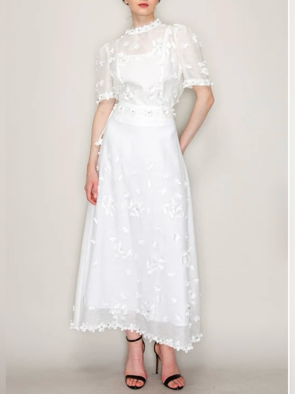 White Floral Appliqué Skirt Set with Tie Waist size L - Picture 5 of 16